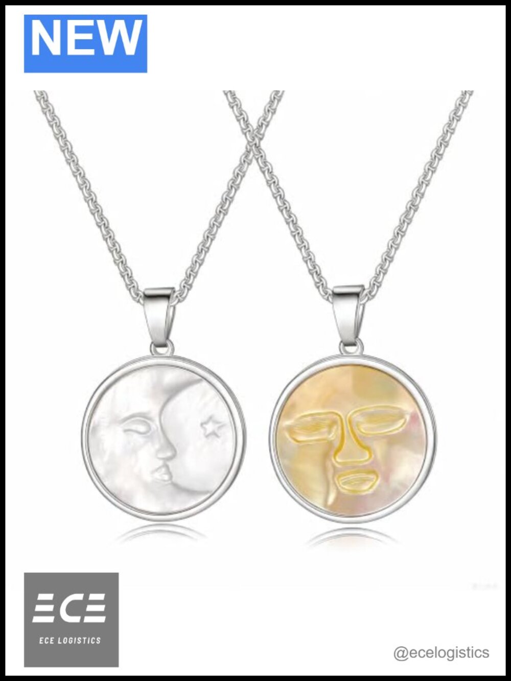 Mother of Pearl Sun Moon Pendant Necklace Stainless Steel 18in